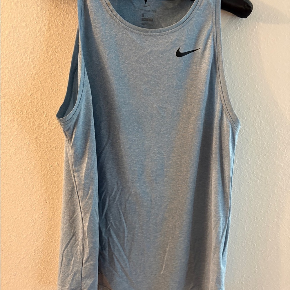 Nike Women’s Heather Light Blue Athletic Tank with Black Swoosh